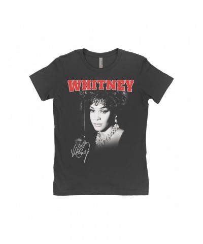 Whitney Houston Ladies' Boyfriend T-Shirt | Black And White Photo Collegiate Logo Shirt $10.79 Shirts