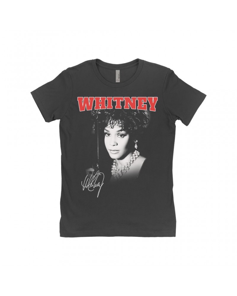 Whitney Houston Ladies' Boyfriend T-Shirt | Black And White Photo Collegiate Logo Shirt $10.79 Shirts