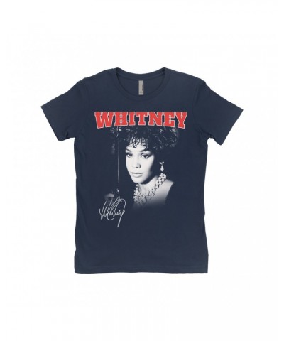 Whitney Houston Ladies' Boyfriend T-Shirt | Black And White Photo Collegiate Logo Shirt $10.79 Shirts