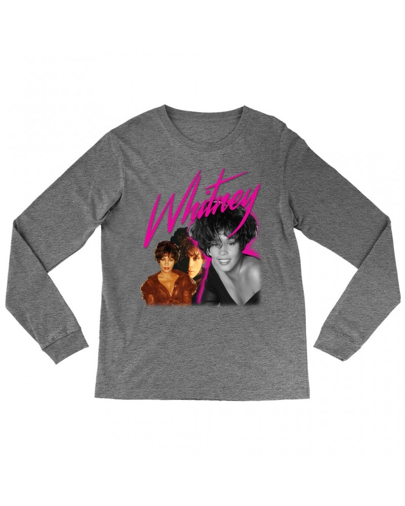 Whitney Houston Heather Long Sleeve Shirt | Whitney Pink Pop Art Photo Collage Design Shirt $4.75 Shirts