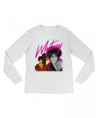 Whitney Houston Heather Long Sleeve Shirt | Whitney Pink Pop Art Photo Collage Design Shirt $4.75 Shirts