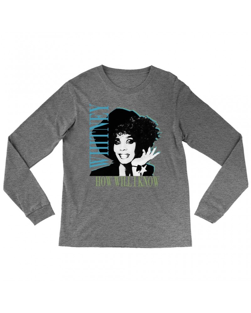 Whitney Houston Heather Long Sleeve Shirt | How Will I Know Negative Design Shirt $7.91 Shirts