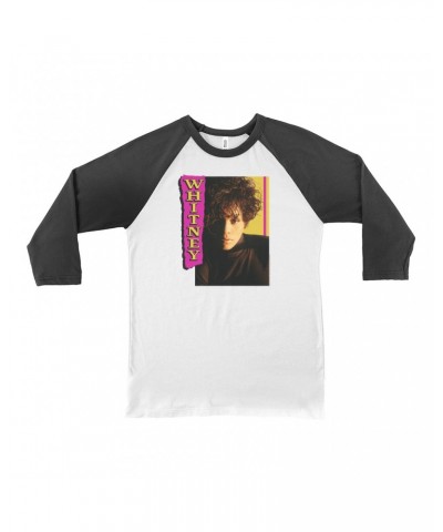 Whitney Houston 3/4 Sleeve Baseball Tee | Whitney Pink And Yellow Image Shirt $4.98 Shirts