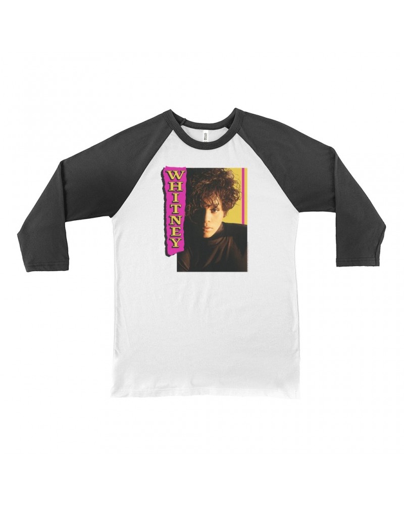 Whitney Houston 3/4 Sleeve Baseball Tee | Whitney Pink And Yellow Image Shirt $4.98 Shirts