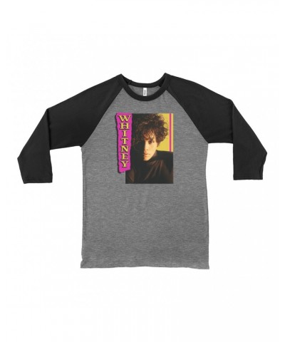 Whitney Houston 3/4 Sleeve Baseball Tee | Whitney Pink And Yellow Image Shirt $4.98 Shirts